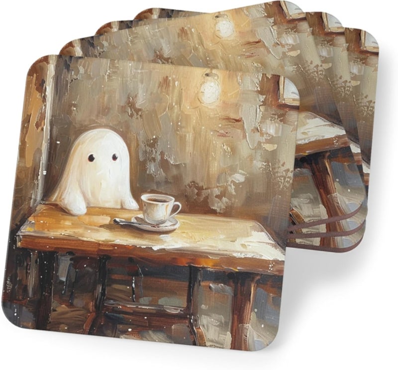 Halloween Cute Ghost Coffee Coasters - Set of 4 Impasto Art Style Drink Coasters â€“ Wood Drink Coasters for Table & Office Decor - Set of 4